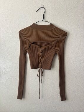 debut Brown Ribbed Lace-Up Cropped Top